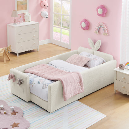 Twin Size Upholstered Platform Bed with Cute Rabbit Ear Shaped Headboard, with Safety Rail and Pocket, Boucle Fabric, Beige image 2