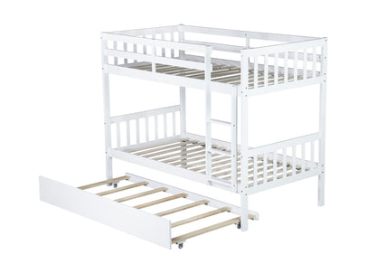 Twin Over Twin Rubber Wood Bunk Bed with Trundle, Convertible into Twin Size Beds, Twin Size Bunk Bed with Ladder and Safety Guardrails, White image 8