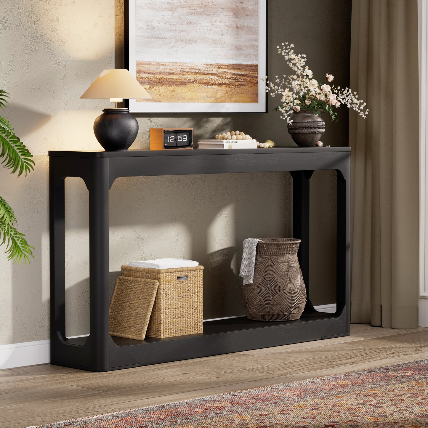 55.1-inch curved-leg storage table, ideal for entryways, slim wooden side table that can be placed behind a sofa, perfect for entryways, hallways, and doorways. Black, 55.1"L*11.8"W*31.1"H image 3