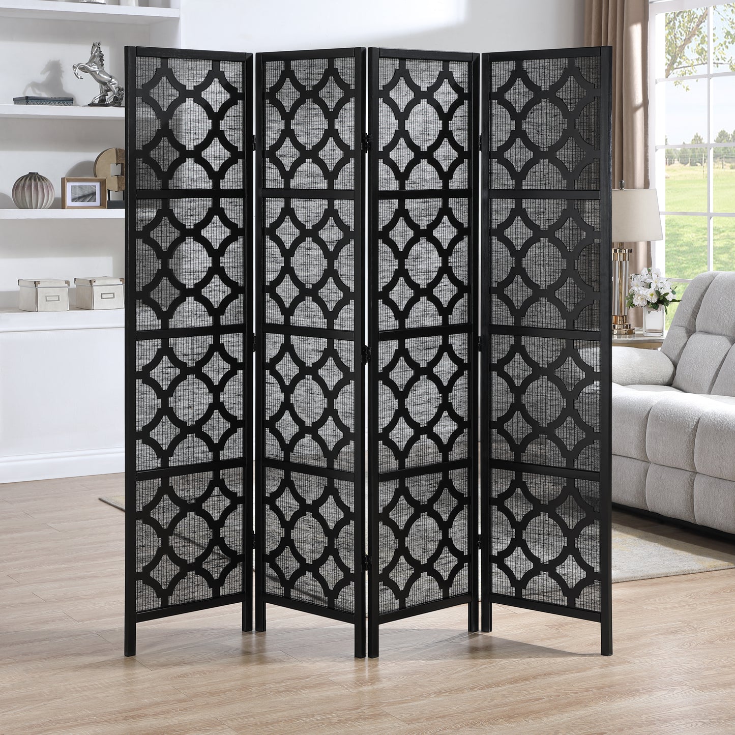 Quarterfoil infused Diamond Design 4-Panel Room Divider, Black image 2