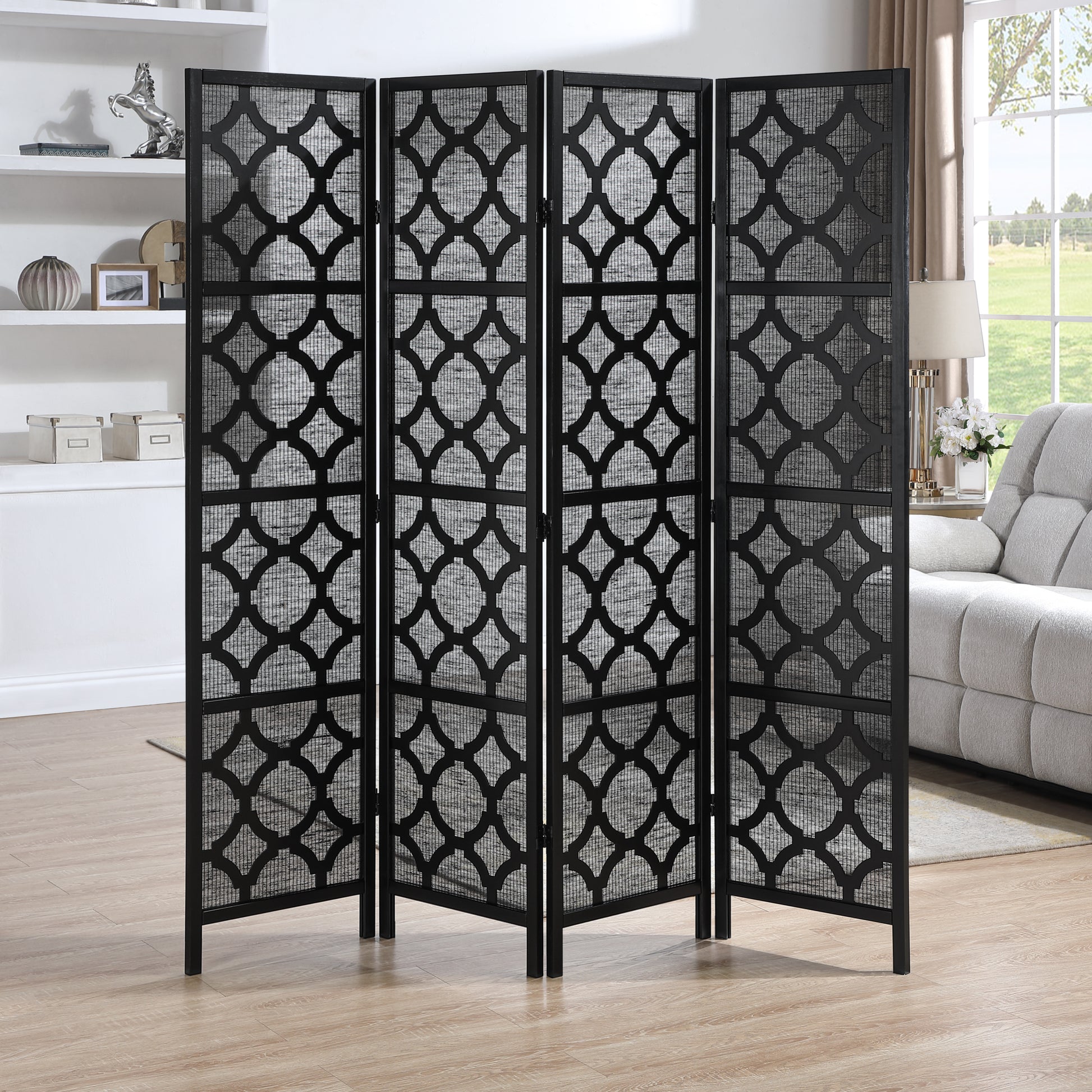 Quarterfoil infused Diamond Design 4-Panel Room Divider, Black image 2