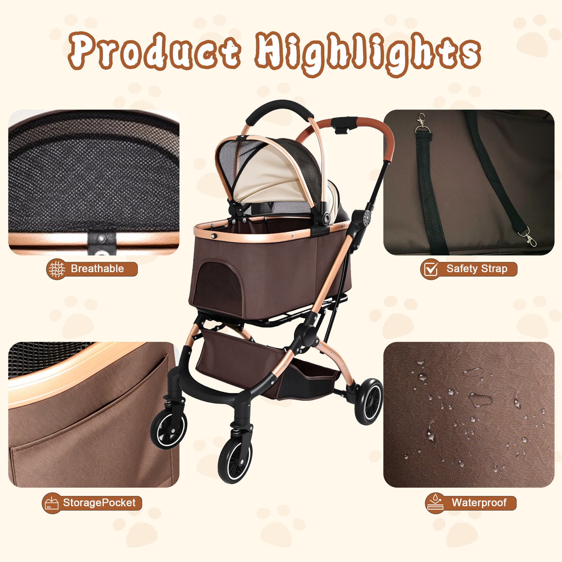 Pet Stroller for Dogs and Cats, 2-in-1 Detachable Foldable 4 Wheels Pet Stroller, Quick One-Hand Fold, Storage Basket, Detachable Carry Basket with Sun Canopy(Khaki++Gold) image 5