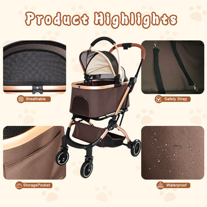 Pet Stroller for Dogs and Cats, 2-in-1 Detachable Foldable 4 Wheels Pet Stroller, Quick One-Hand Fold, Storage Basket, Detachable Carry Basket with Sun Canopy(Khaki++Gold) image 5