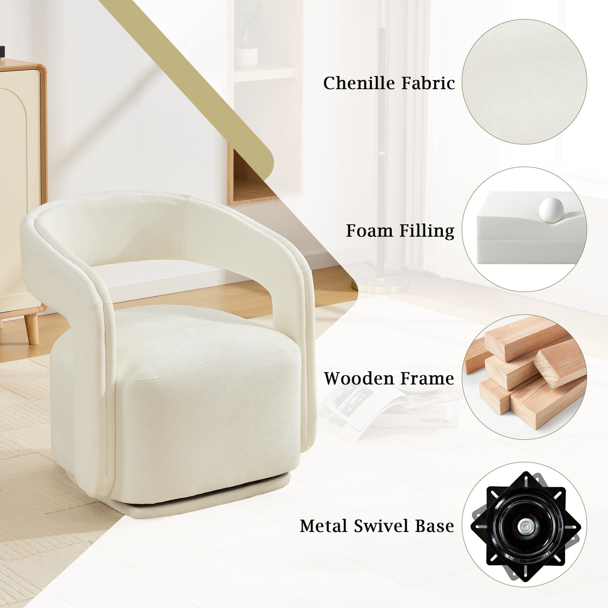 065-Chenille Fabric Swivel Accent Armchair, Comfy Barrel Leisure Chair With Curved Backrest, Upholstered Reading Chair With Black Swivel Base, 22-inch large seat depth and width, White image 4