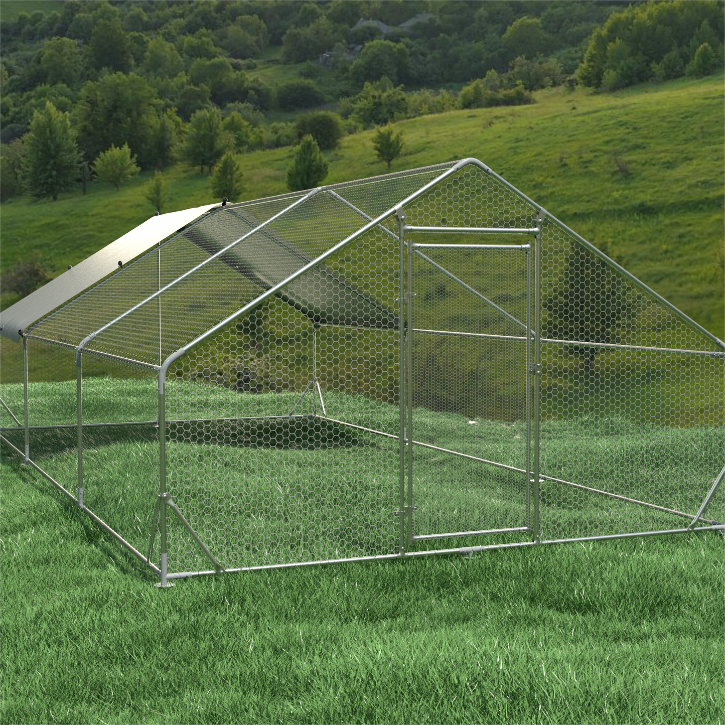Large Metal Chicken Coop Walk-in Poultry Cage Hen Run House Rabbits Habitat Cage Spire Shaped Coop with Waterproof and Anti-Ultraviolet Cover (19.5' L x 9.7' W x 6.4' H) image 4