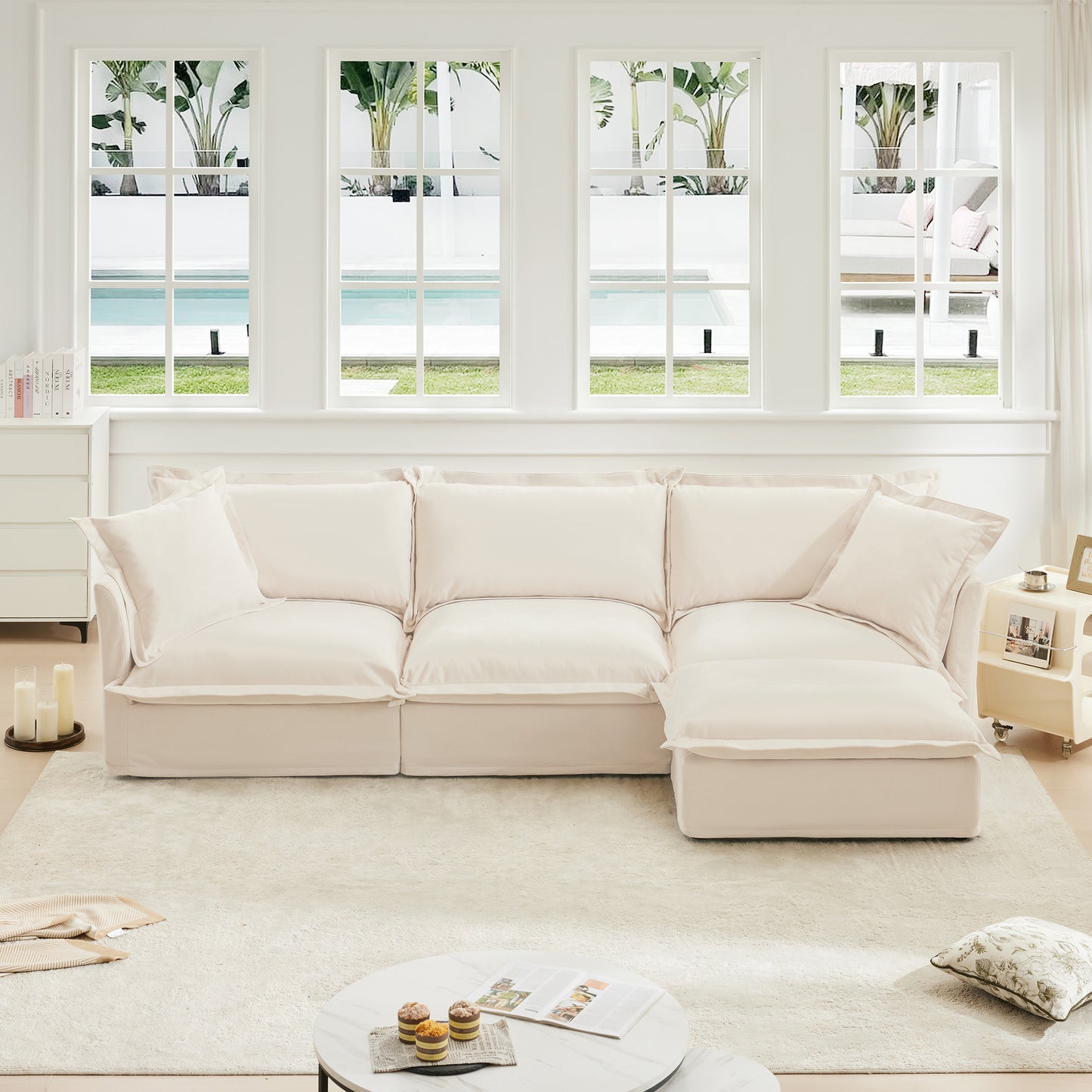 L-Shaped Slipcovered Sectional Sofa Couch, Comfy Chenille Deep Seat Cloud Couch with Convertible Ottoman & 2 Big Pillows, Modern Oversized 3 Seater Slipcovered Sofa Set for Living Room Office, Cream image 1