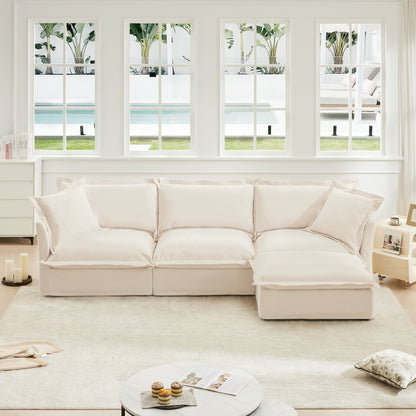 L-Shaped Slipcovered Sectional Sofa Couch, Comfy Chenille Deep Seat Cloud Couch with Convertible Ottoman & 2 Big Pillows, Modern Oversized 3 Seater Slipcovered Sofa Set for Living Room Office, Cream image 1