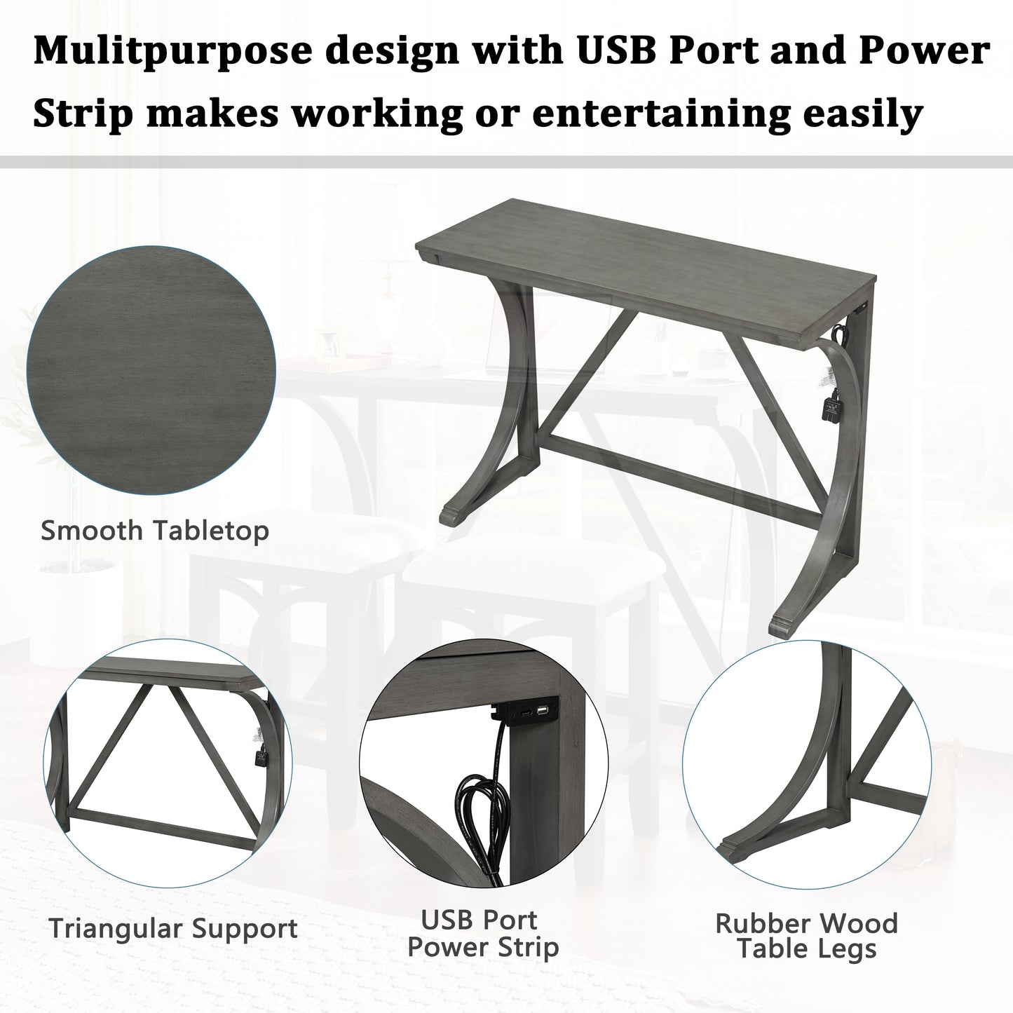 TOPMAX Farmhouse 3-Piece Counter Height Dining Table Set with USB Port and Upholstered Stools,Gray image 4