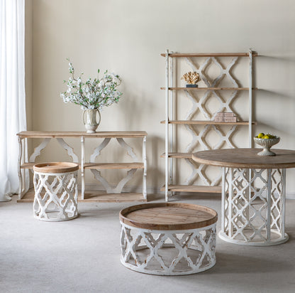 64.2x16.5x33.5" Three-Tiered Wooden Console Table with Cut-Out Patterns, Brown/White image 9