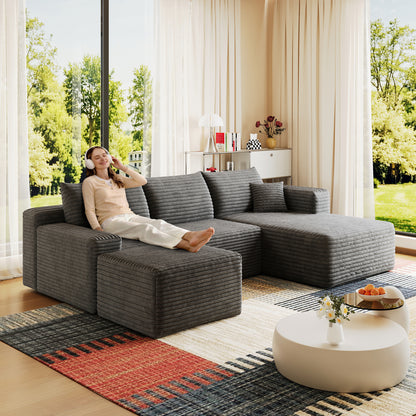 95" Cloud Sectional Sofa with 1 Ottoman,Modern Minimalist Upholstered Couches, Comfort U Shaped Sofa for Living Room,Deep Seat Corner Couch,No Assembly Required,Dark Grey((Plush Corduroy Fabric) image 1