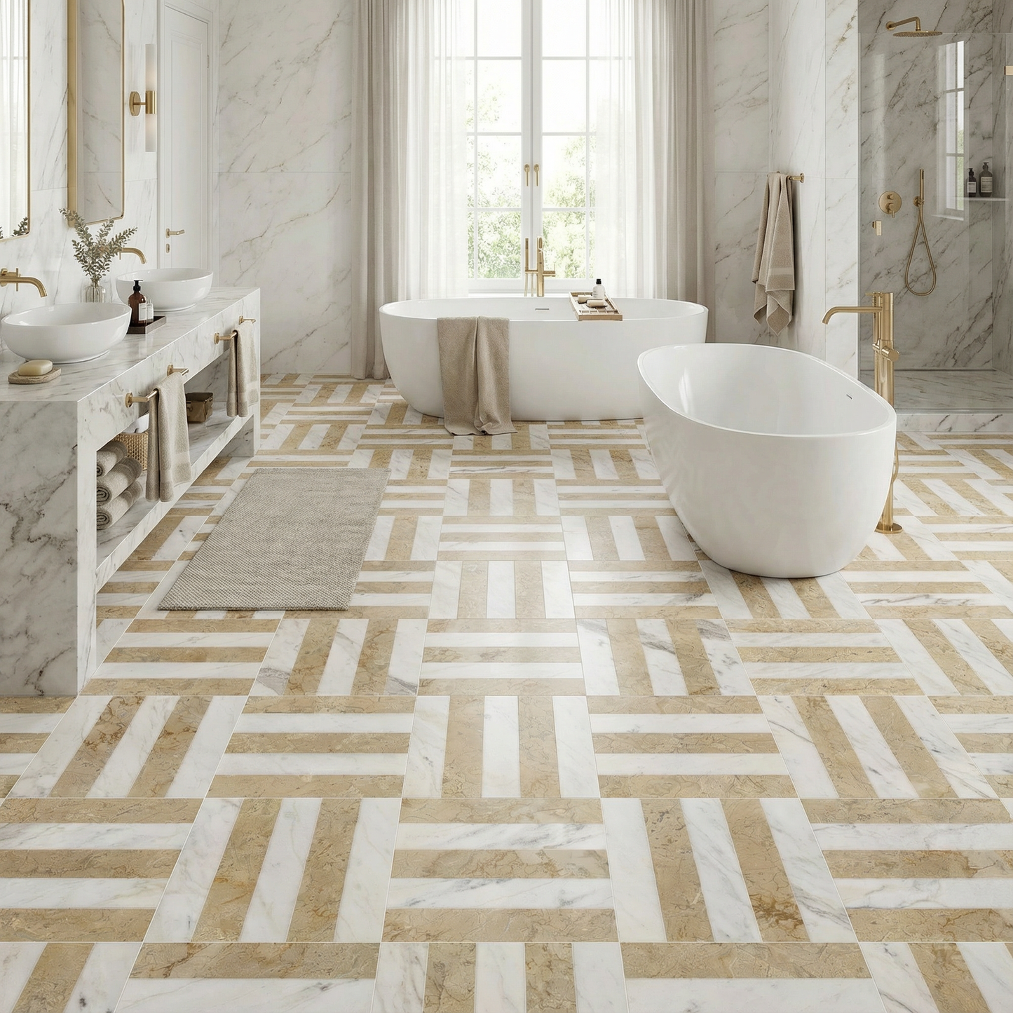 12x12 White Gold 2 color Waterjet polished marble tiles set, natural marble, for floor and wall, natural stone, genuine marble, real marble, 1 box each pattern 4 pcs image 1