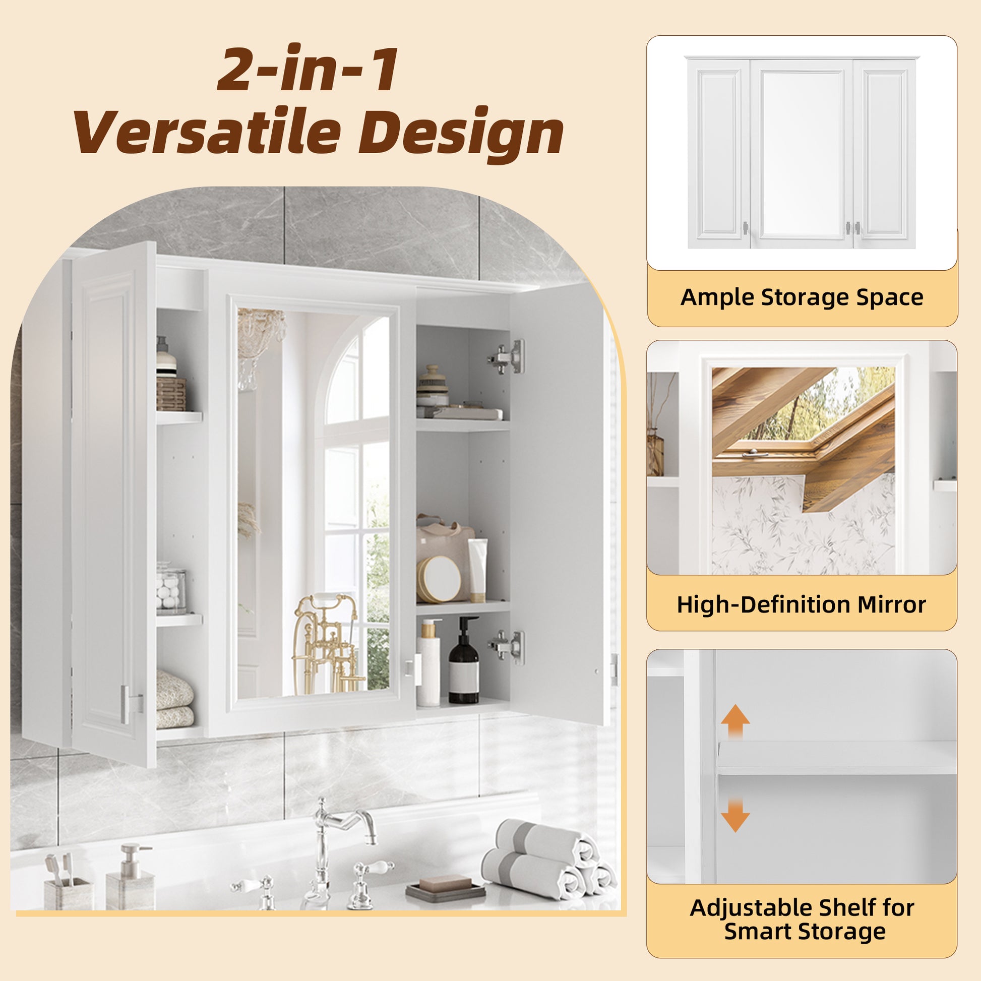 35 inch 2-in-1 Bathroom Wall Cabinet, Wall Mounted Medicine Cabinet with 5 Adjustable Shelves, Mirrored Door Over Toilet Storage Cabinet, White image 6