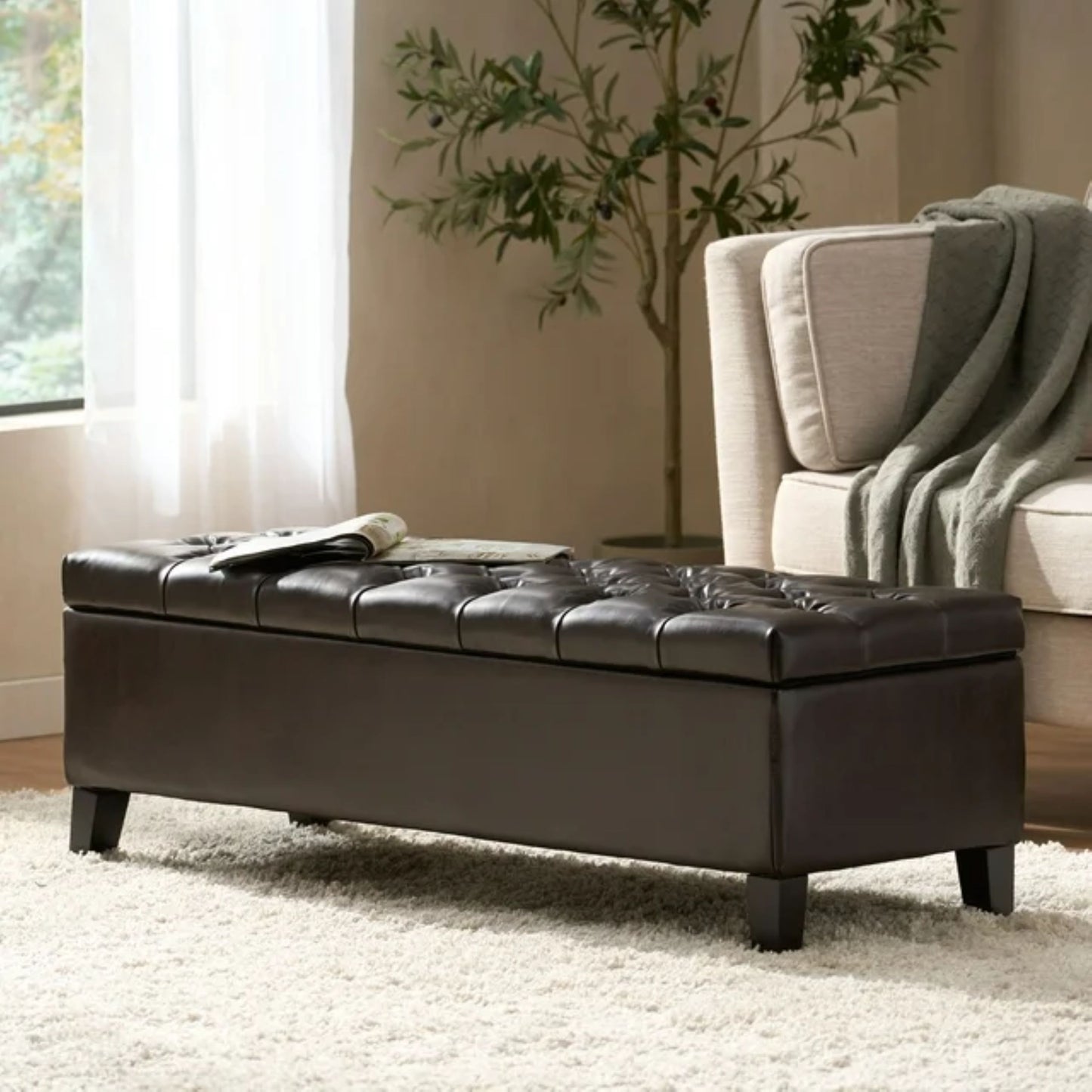 Ottoman Bench with Storage, Dark Brown PU Surface, Rubber Wood Legs, 300 lbs Capacity image 2