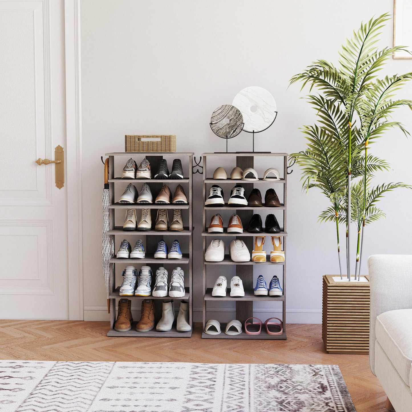 Shoe Rack,7 Tier Shoe Storage Organizer with Hooks, Entryway Shoe Tower,12-14Pairs Shoes,Vertical Shoe Organizer,Vertical Shoe Organizer,Easy Assemble,Saving Space,Rustic Gray image 7