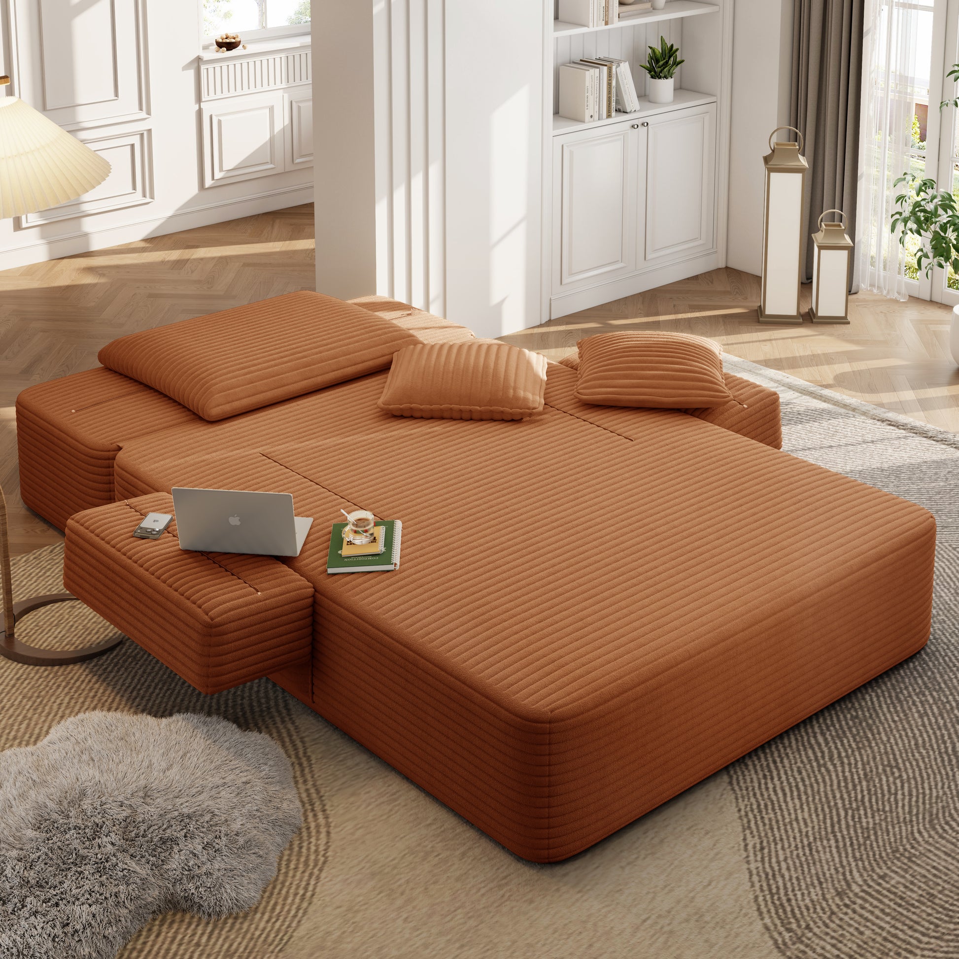 Luxurious Plush Corduroy Chaise Lounge with 3 Pillows, Convertible Sofa Bed with Storage Pocket, Frameless Design & Compression Foam for Small Spaces, Living Room, Apartment,Orange image 11