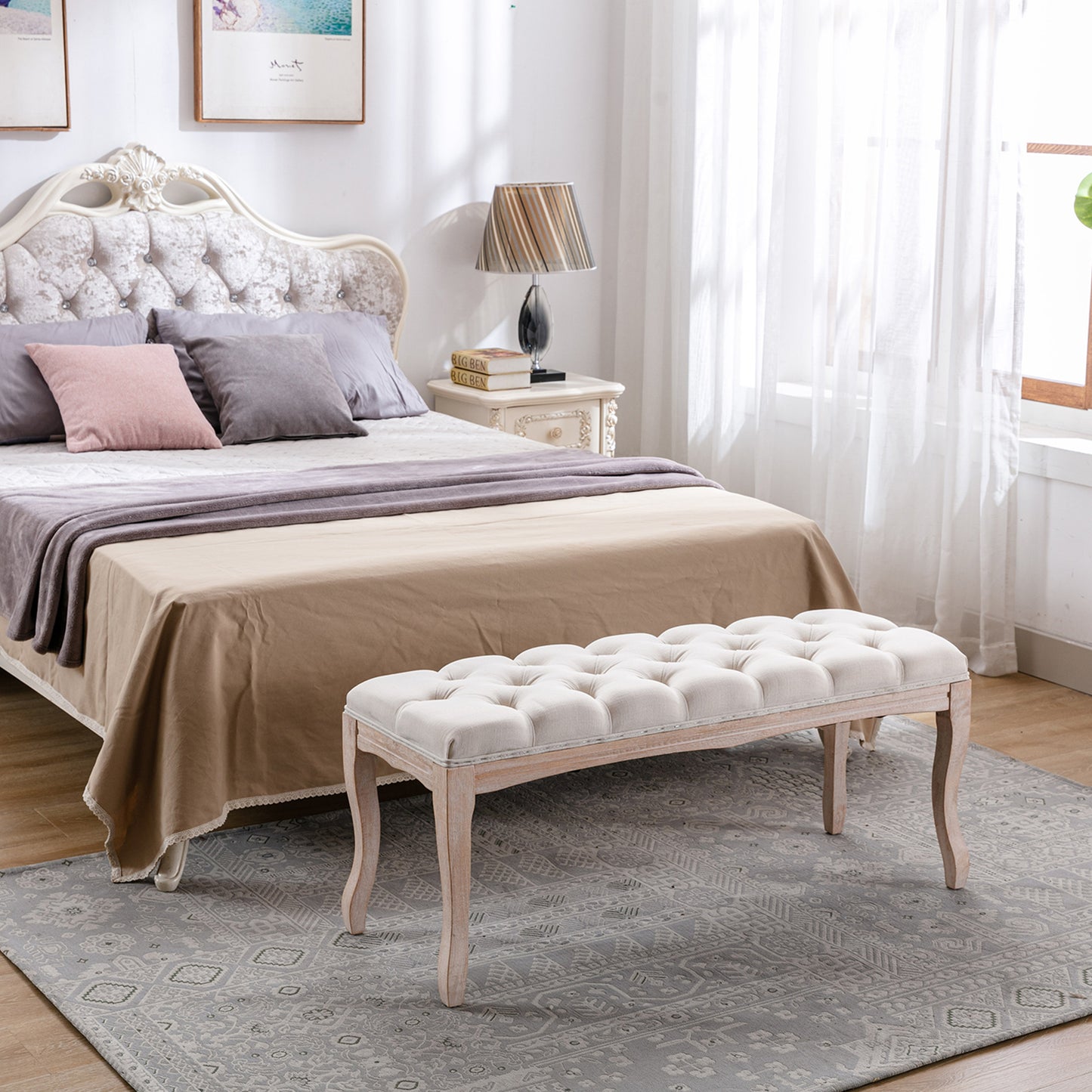 Bedroom Bench, French Vintage Tufted Entryway Bench, 43.3" Carving Upholstered End of Bed Bench with Distressed Wood Legs, Linen Ottoman Seat for Living Room, Foyer, Dining Room image 11