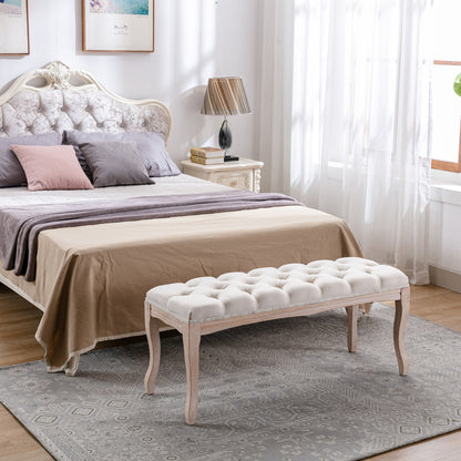 Bedroom Bench, French Vintage Tufted Entryway Bench, 43.3" Carving Upholstered End of Bed Bench with Distressed Wood Legs, Linen Ottoman Seat for Living Room, Foyer, Dining Room image 11