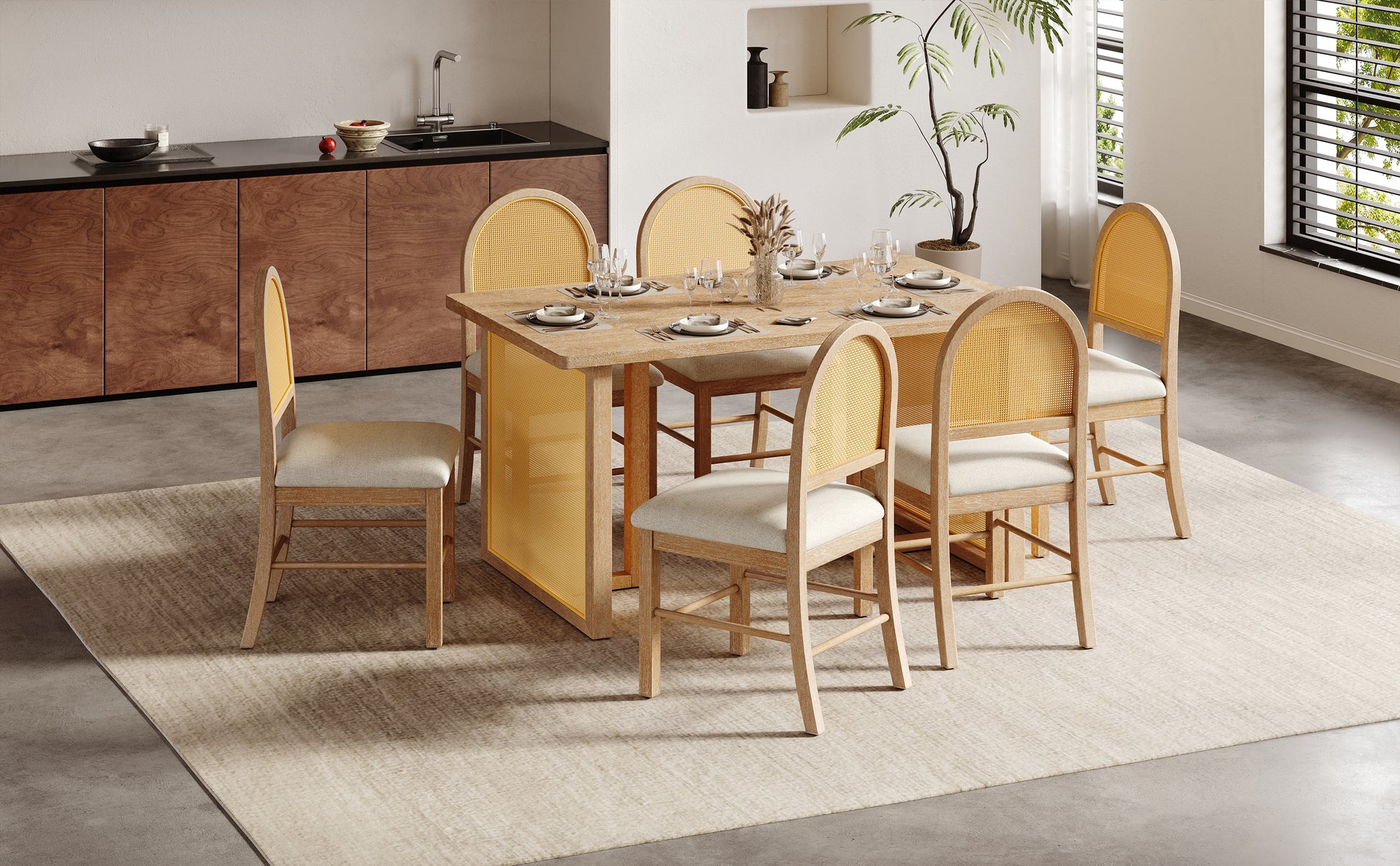 TREXM 7-Piece Farmhouse Dining Table Set for 6 - 59.8" Rectangular Dining Table with Distressed Oak Veneer and 6 Rattan Chairs, Rustic Kitchen Furniture for Dining Room(Natural) image 11