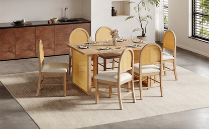 TREXM 7-Piece Farmhouse Dining Table Set for 6 - 59.8" Rectangular Dining Table with Distressed Oak Veneer and 6 Rattan Chairs, Rustic Kitchen Furniture for Dining Room(Natural) image 11