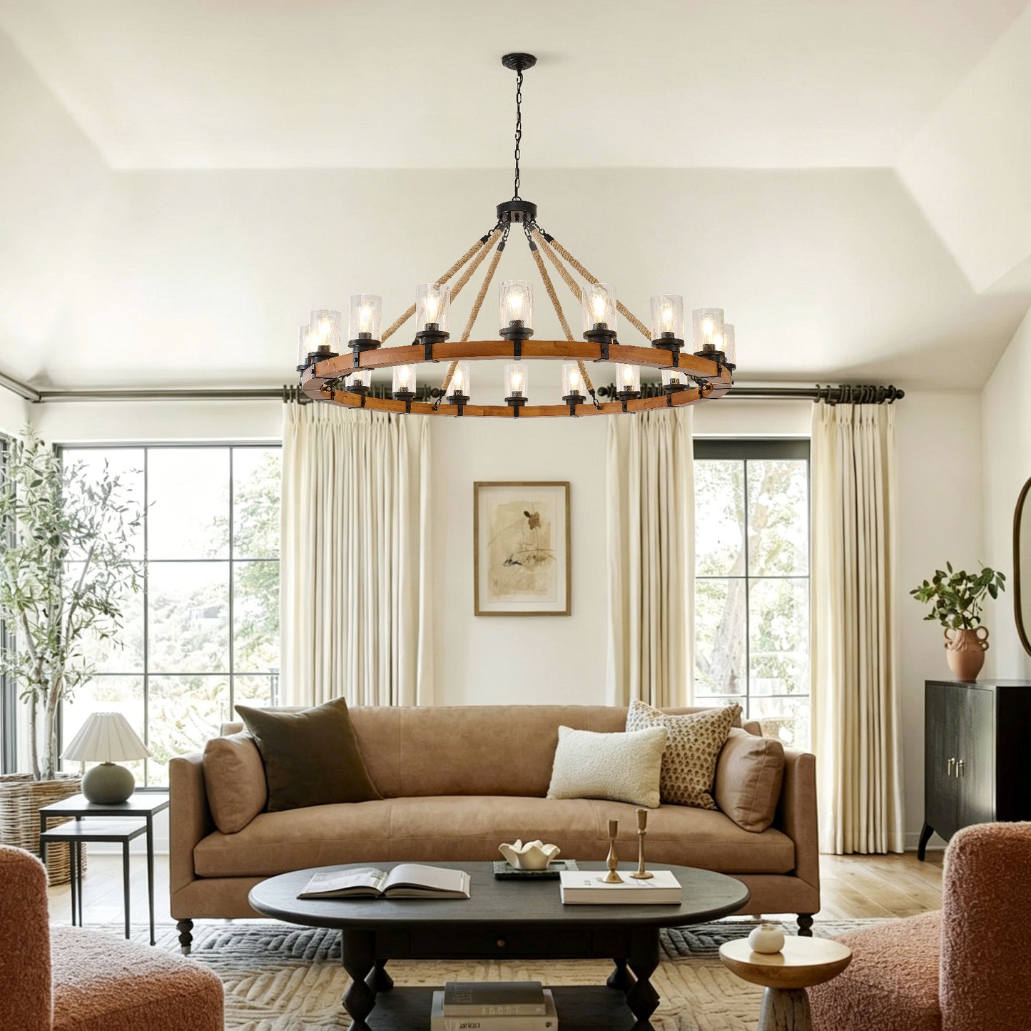 18-Light Rustic Wagon Wheel Chandelier,59"Wooden Pendant Light with Seeded Glass Shade,Industrial Chandeliers for Dining Room Kitchen lsland Foyer (Solid One-Piece Wood Frame Design)-NO INCLUDED BULBS image 9