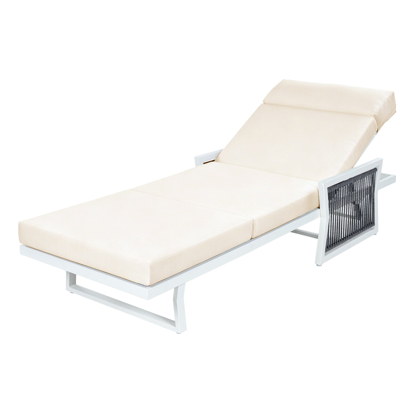 White Iron Outdoor Chaise Lounge with Black Rope Armrests, 4" Thick 4-Fold Beige Water Resistant Cushion with Built-In Headrest, 5-Position Adjustable, 400 LBS Capacity for Patio Pool Backyard image 11