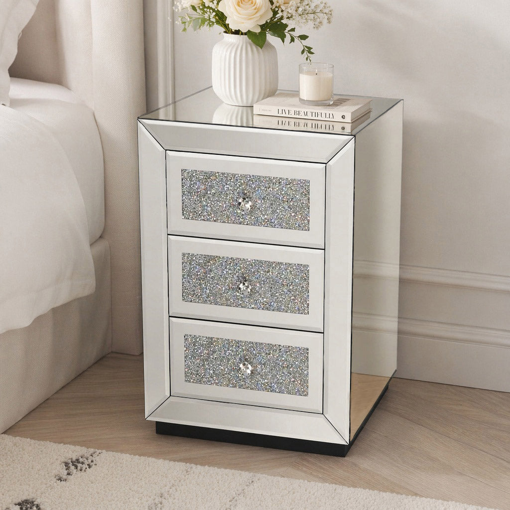 Mirrored Nightstand 3 Drawer, Silver Mirror Finish Bedroom Side Table with Crystal Handles for Living Room, Apartment, Office. Silver. image 1