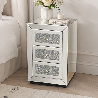 Mirrored Nightstand 3 Drawer, Silver Mirror Finish Bedroom Side Table with Crystal Handles for Living Room, Apartment, Office. Silver. image 1