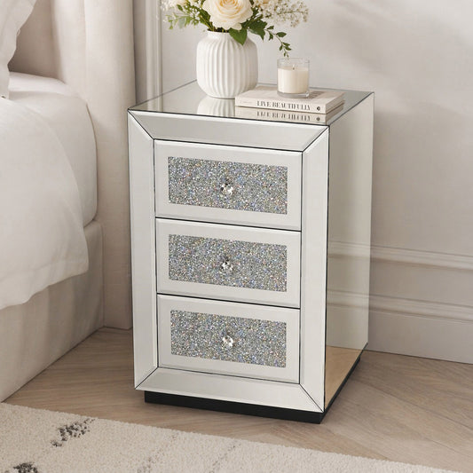 Mirrored Nightstand 3 Drawer, Silver Mirror Finish Bedroom Side Table with Crystal Handles for Living Room, Apartment, Office. Silver. image 1