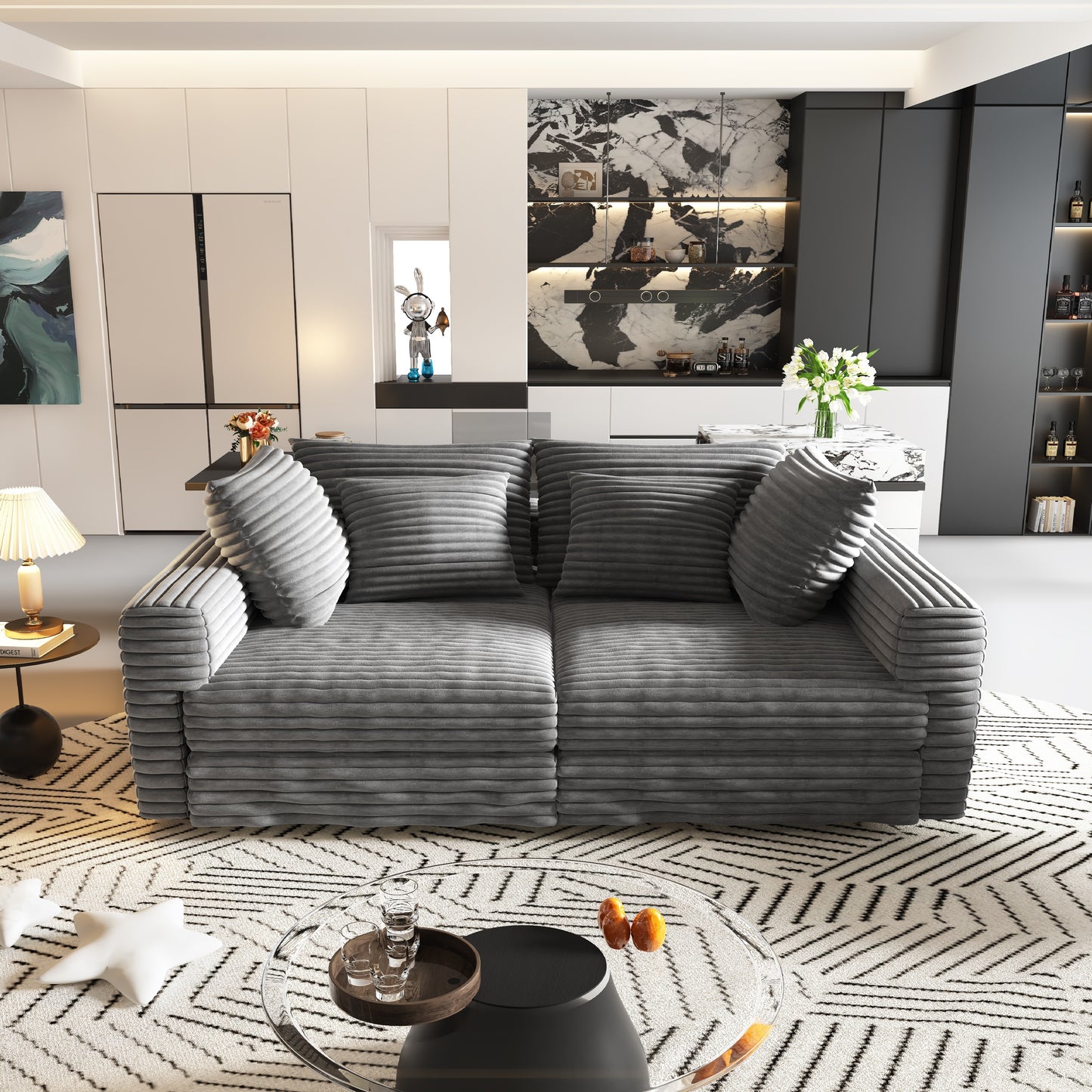 102.4 "Plush Corduroy 4-Seat Sofa,Modern Comfy Upholstered Sofa Cloud Couch,Deep Seat Couches with Soft Pillows and 2 Ottomans,Convertible Sofa Lounge Chair,Grey(Old SKU:W1885S00279) image 12