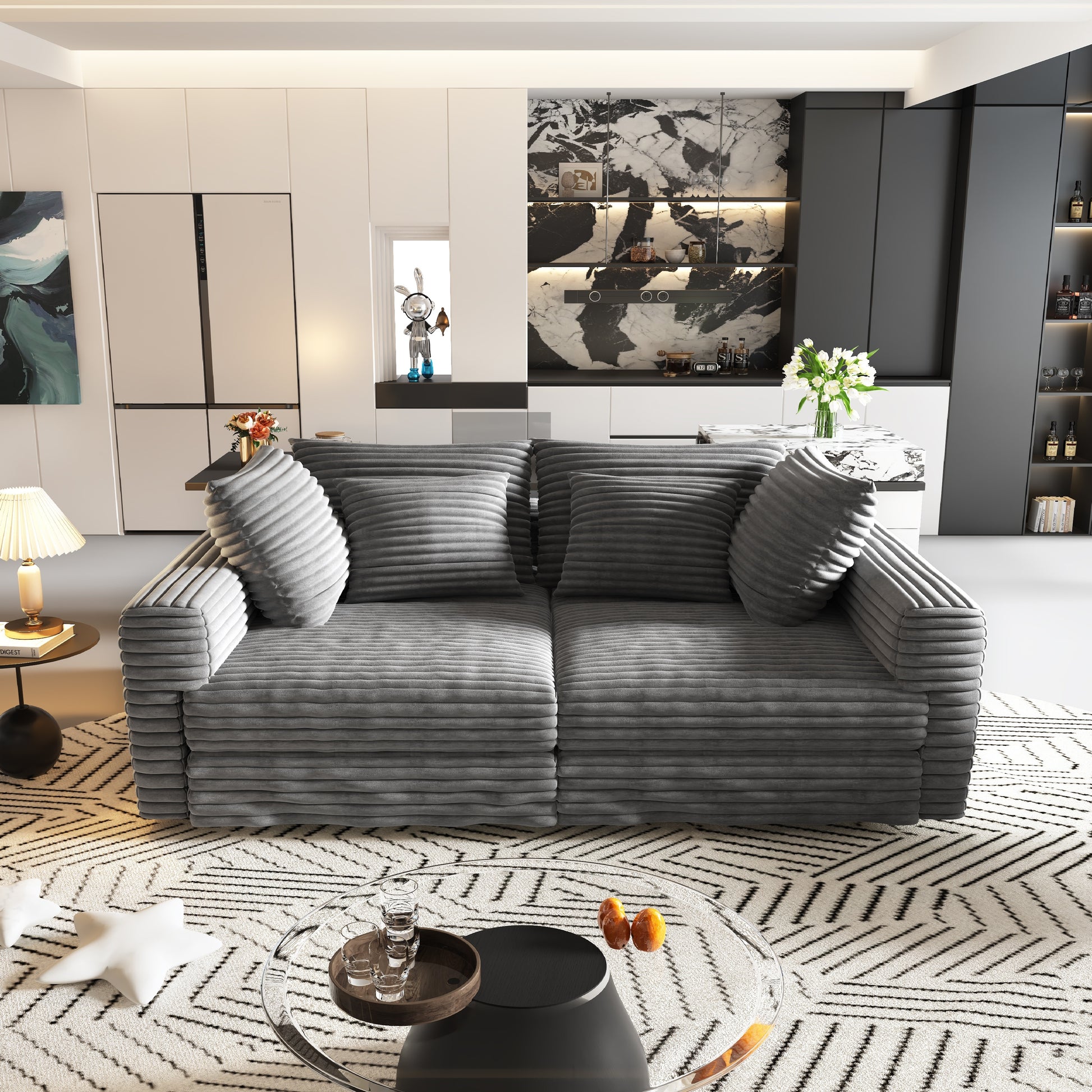 102.4 "Plush Corduroy 4-Seat Sofa,Modern Comfy Upholstered Sofa Cloud Couch,Deep Seat Couches with Soft Pillows and 2 Ottomans,Convertible Sofa Lounge Chair,Grey(Old SKU:W1885S00279) image 12