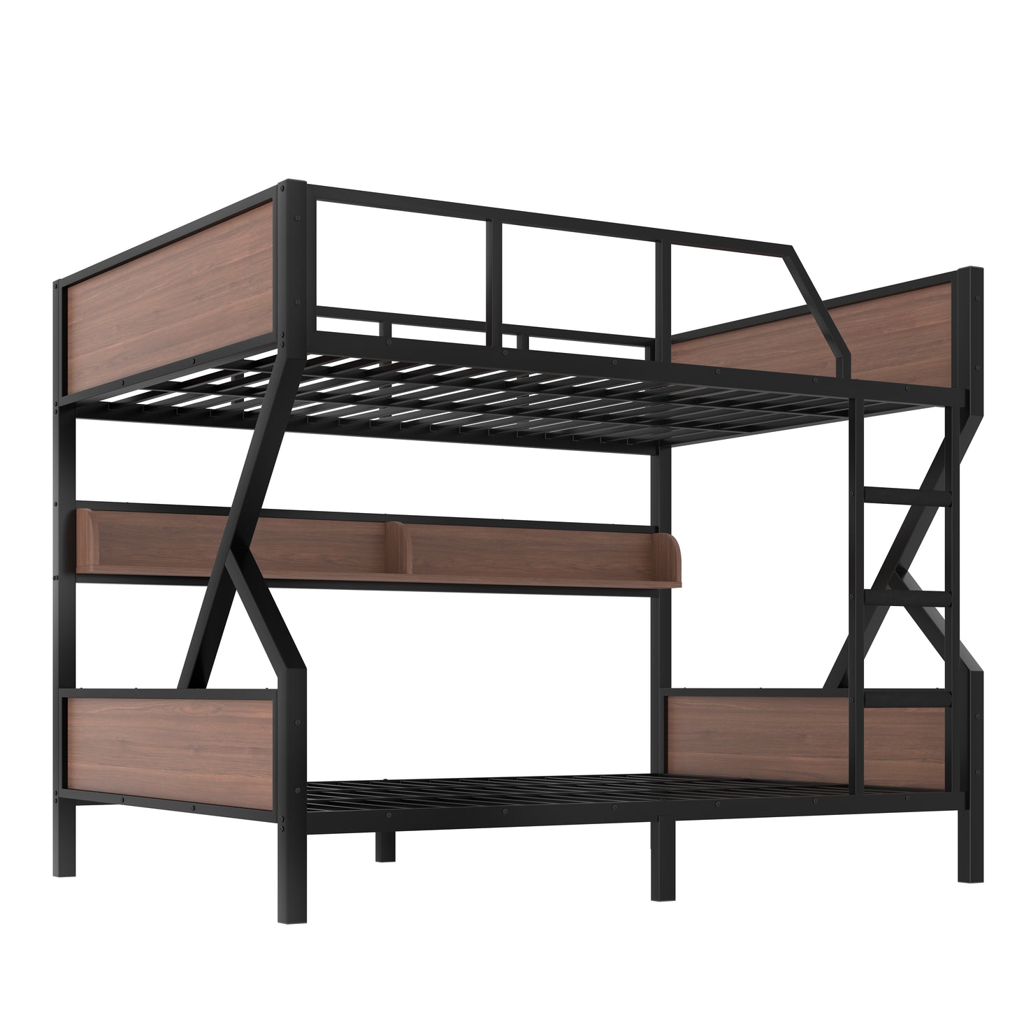 Queen over Queen Bunk Bed, Metal Bunk Bed with Storage Shelves and Lights, Space-saving & Noise-free Design, Black image 7