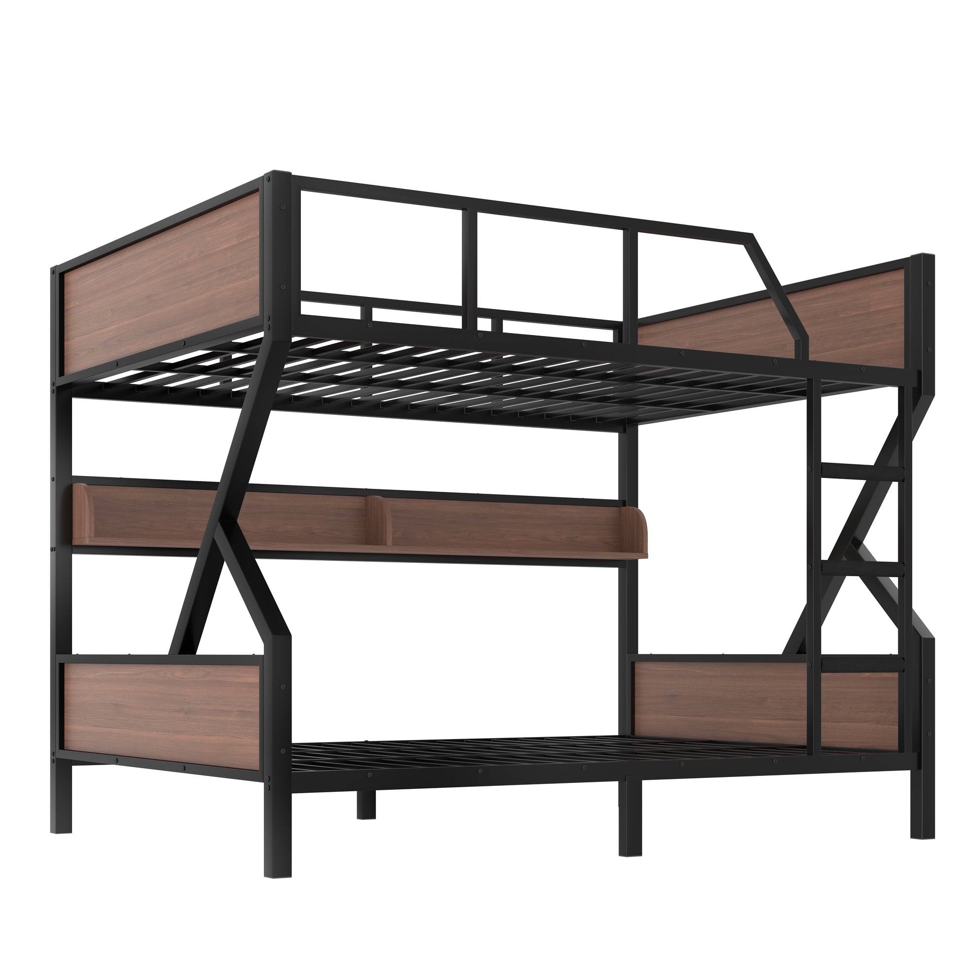 Queen over Queen Bunk Bed, Metal Bunk Bed with Storage Shelves and Lights, Space-saving & Noise-free Design, Black image 7