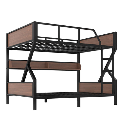 Queen over Queen Bunk Bed, Metal Bunk Bed with Storage Shelves and Lights, Space-saving & Noise-free Design, Black image 7