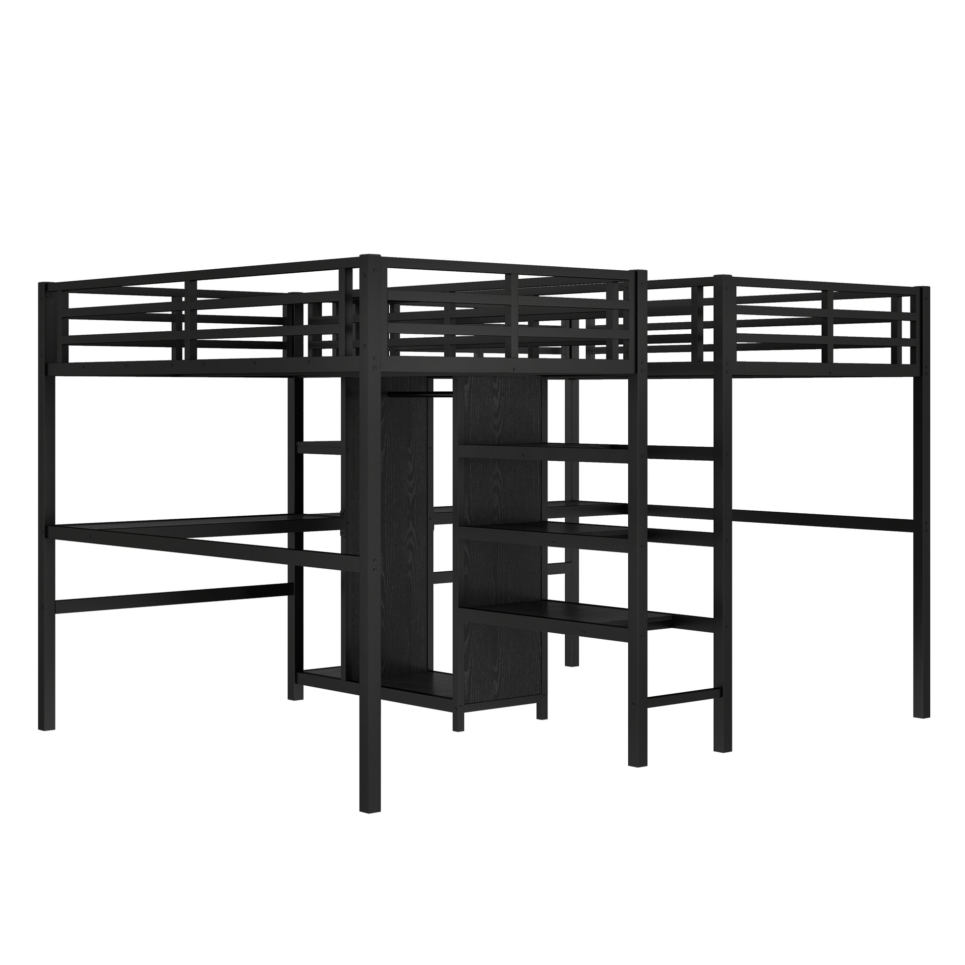 Twin Over Twin Metal Loft Bed with Double Desk and Wardrobe and Shelves with Electrical Outlet for Space Saving and Noise Reduction,Black image 11