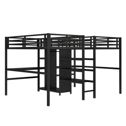 Twin Over Twin Metal Loft Bed with Double Desk and Wardrobe and Shelves with Electrical Outlet for Space Saving and Noise Reduction,Black image 11