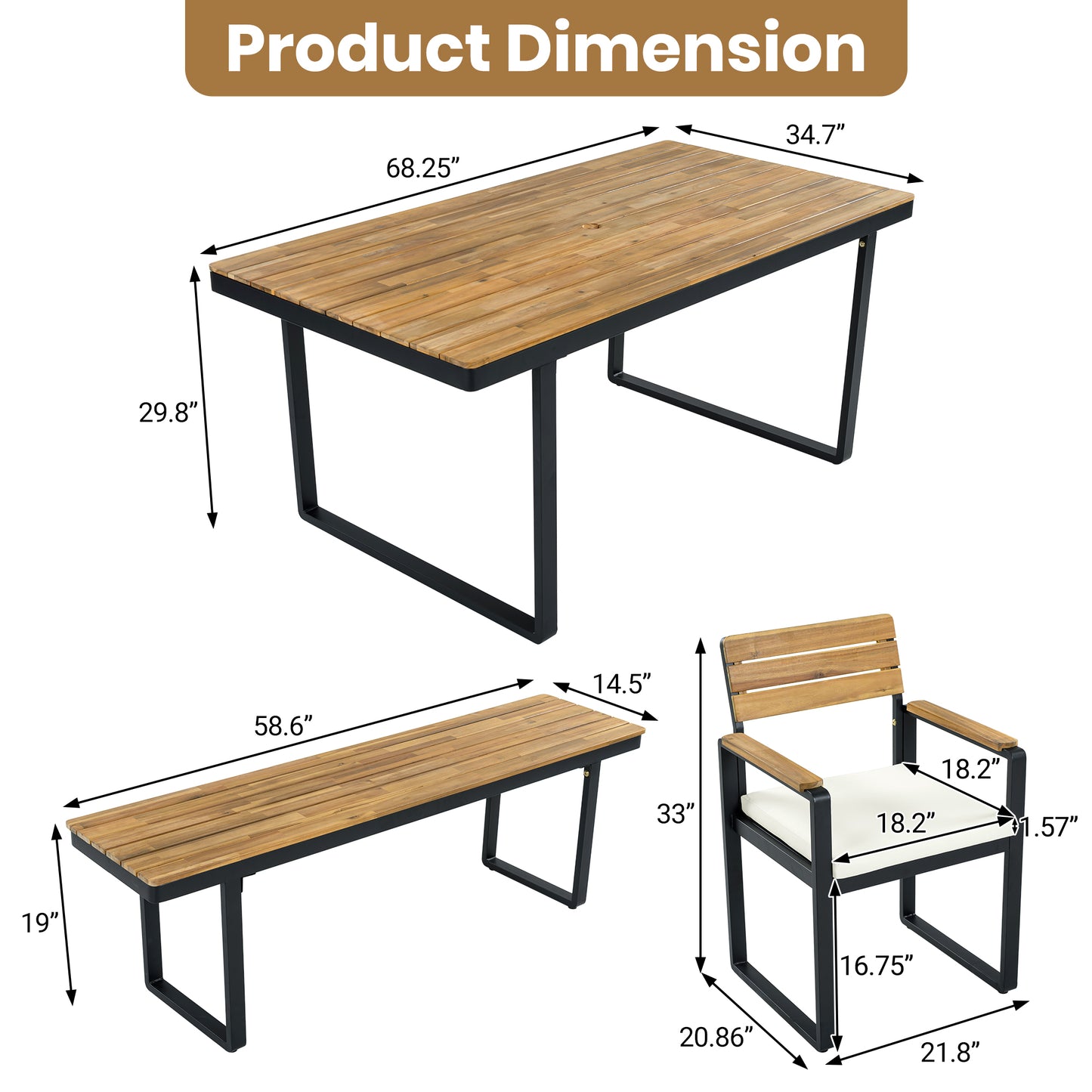 6-Piece Outdoor Dining Set, Acacia Wood, 1 Table with 4 Chairs & 1 Bench for 6-7 Person, Comfortable Cushions on Chairs, Adjustable Feet, for Patio, Garden, Backyard Dining, Beige Cushion image 7