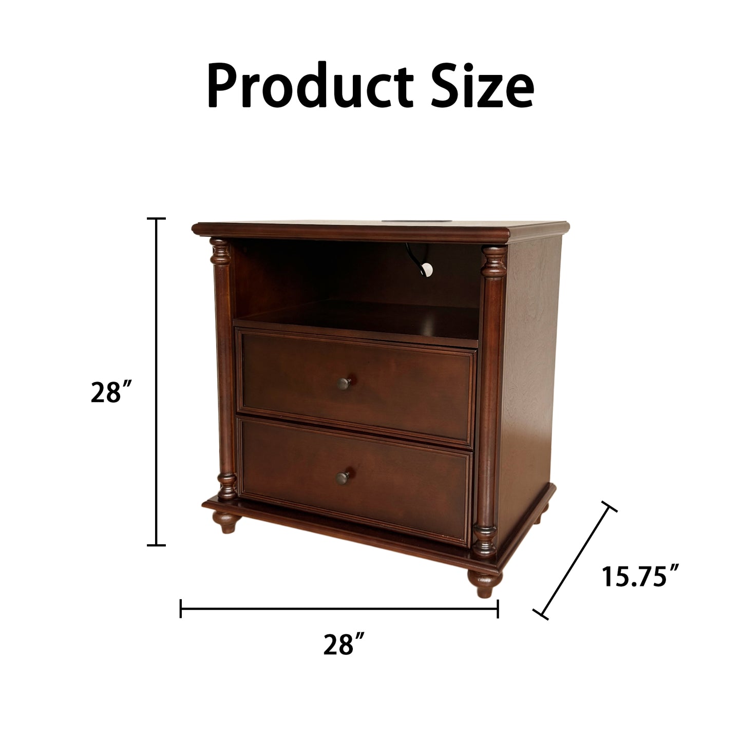 28"Nightstand with Charging Station, Rustic Brown Nightstand, 2 Drawers End Table, Bedside Table Walnut for bedroom image 10