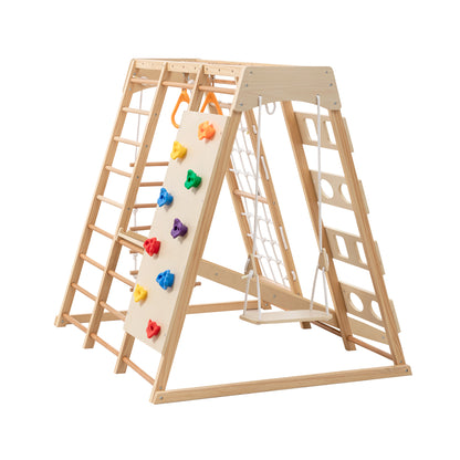 9-in-1 Slide and Climbing Wall for Toddlers 3+, Wooden Indoor Play Structure, Heavy Duty 176 lbs Capacity, Safe Rounded Edge Natural Wood, Balance & Strength Toy Gift image 9