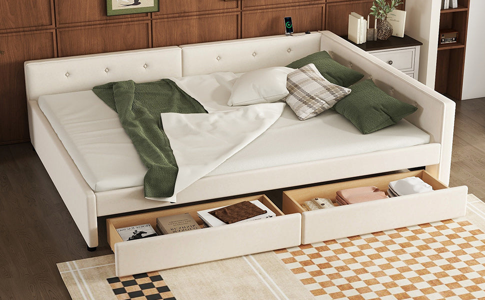 Queen Size Upholstered Platform Bed with USB and 2 Drawers, Beige image 10