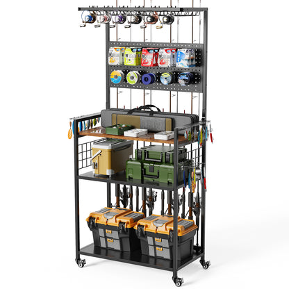 Fishing Rod Storage Rack with Pegboard, Rolling Tackle Organizer Cart, Multi-Tier Fishing Gear Stand for Rods, Reels, Tackle Boxes & Bags, Heavy Duty Metal Holders with Lockable Wheels image 1