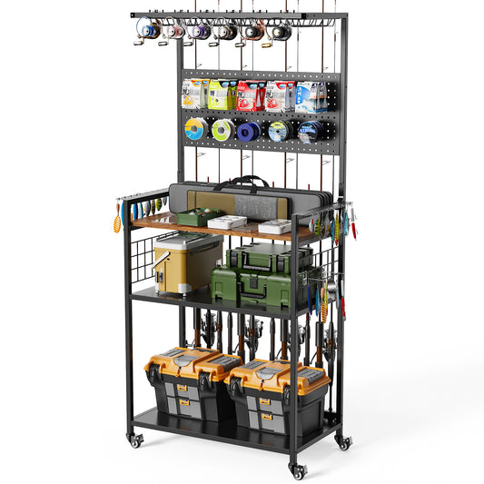 Fishing Rod Storage Rack with Pegboard - Rolling Tackle Organizer Cart - Front View