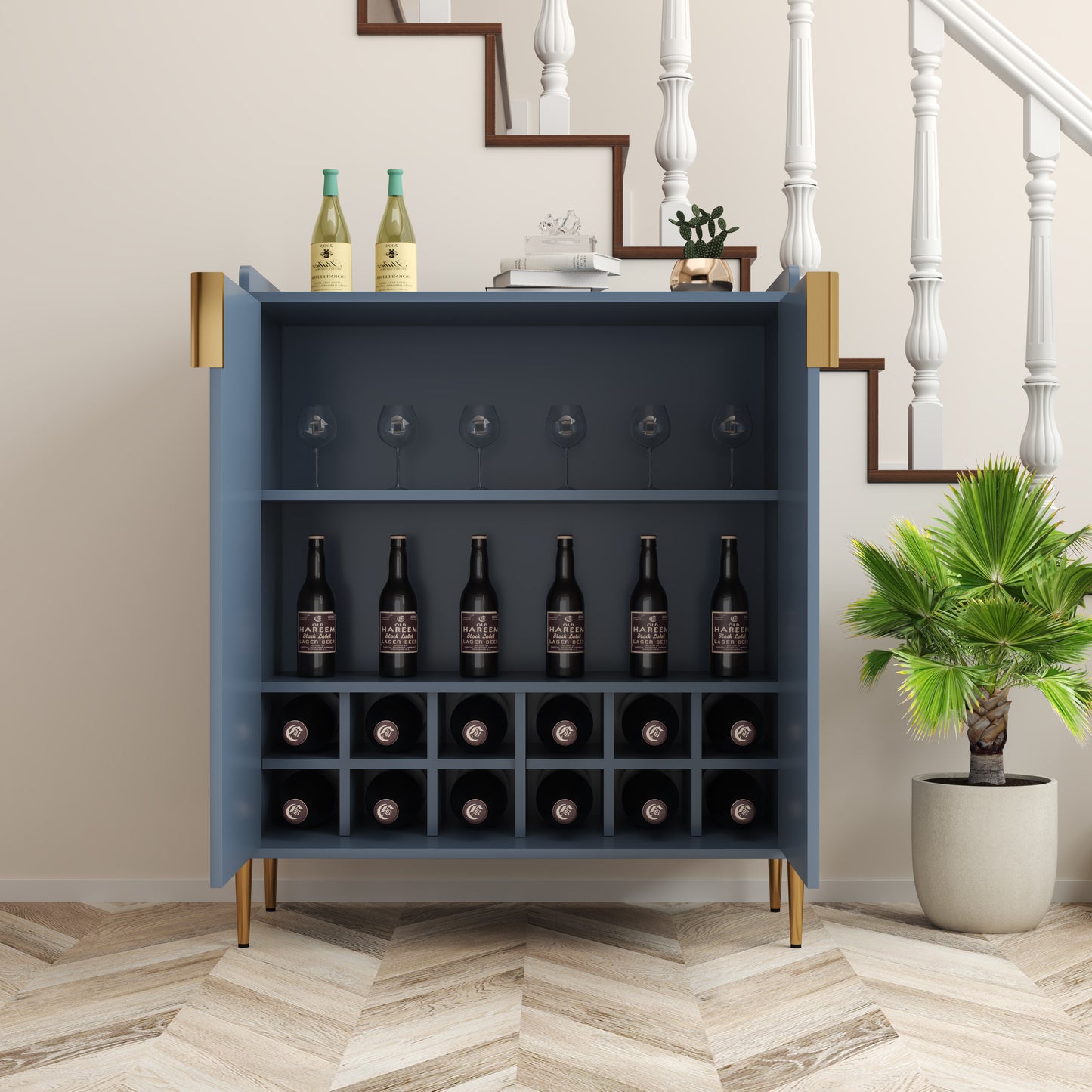 2 doors home wine bar cabinet with wine rack & adjustable storage shelf, modern sideboard with soft-closing hinge, dinning room buffet cabinet, Liquor Cabinet kitchen, living room coffee cart Blue image 12