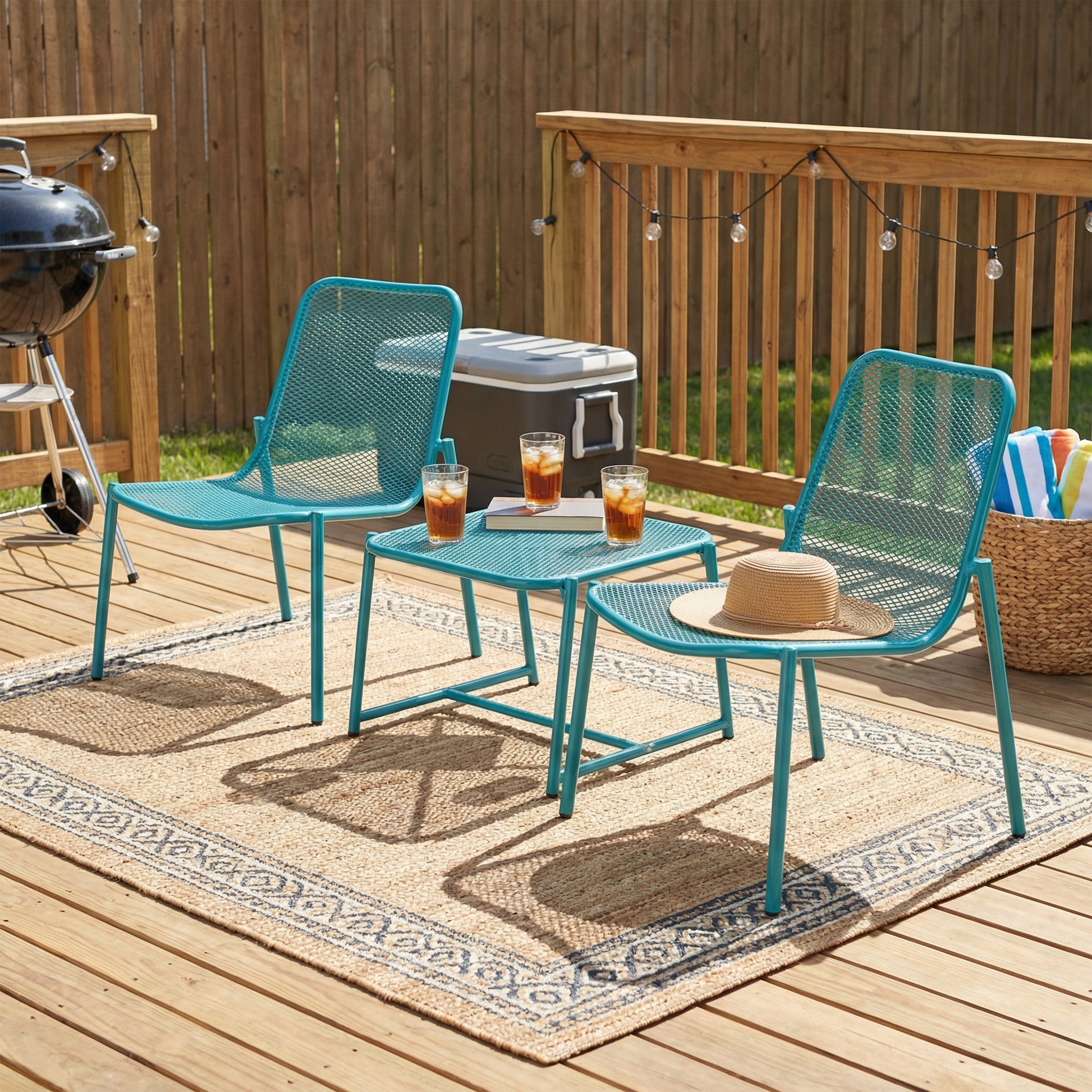 Kincaid Outdoor 3-Piece Conversation Set with IRON Frame - 2 Mesh Chairs & 1 Side Table, Matte Teal Finish image 4