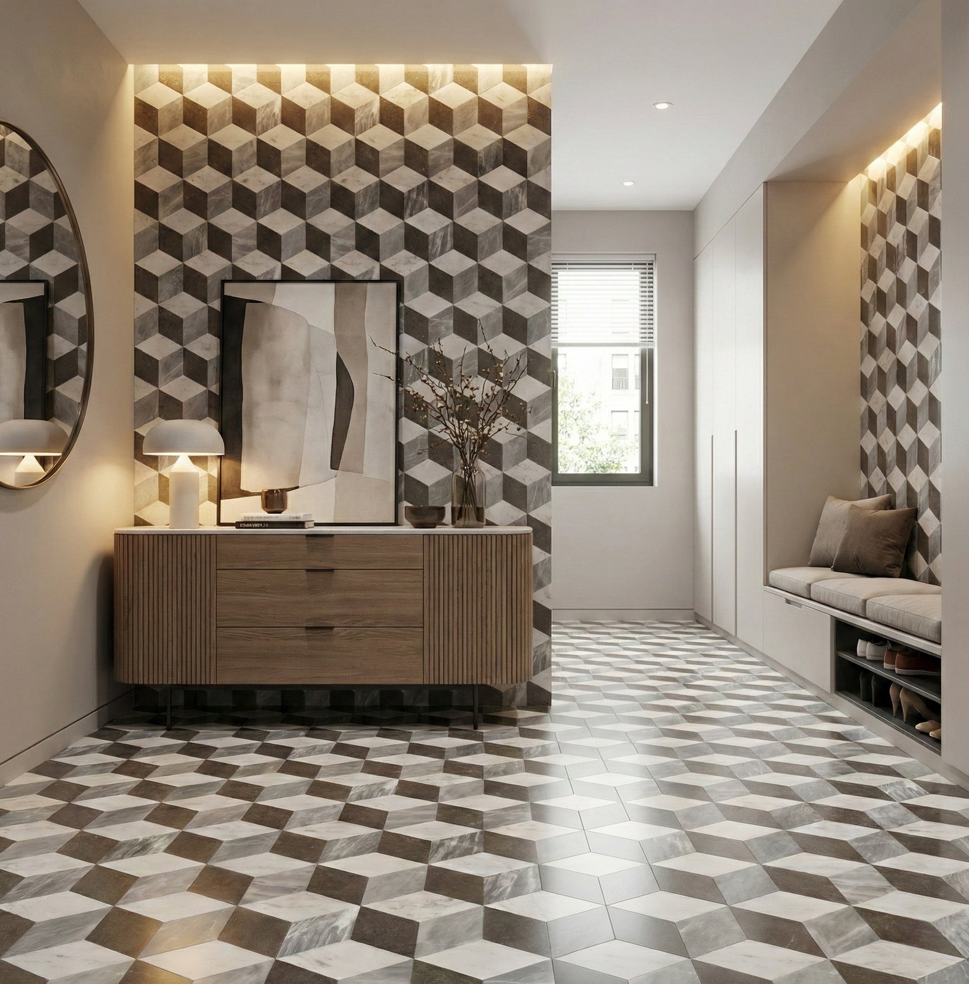 Hexagon Waterjet marble,White Gray Black 3 color, natural marble, for floor and wall, polished marble tile, natural stone, genuine marble, real marble, 1 box 12 pcs image 12