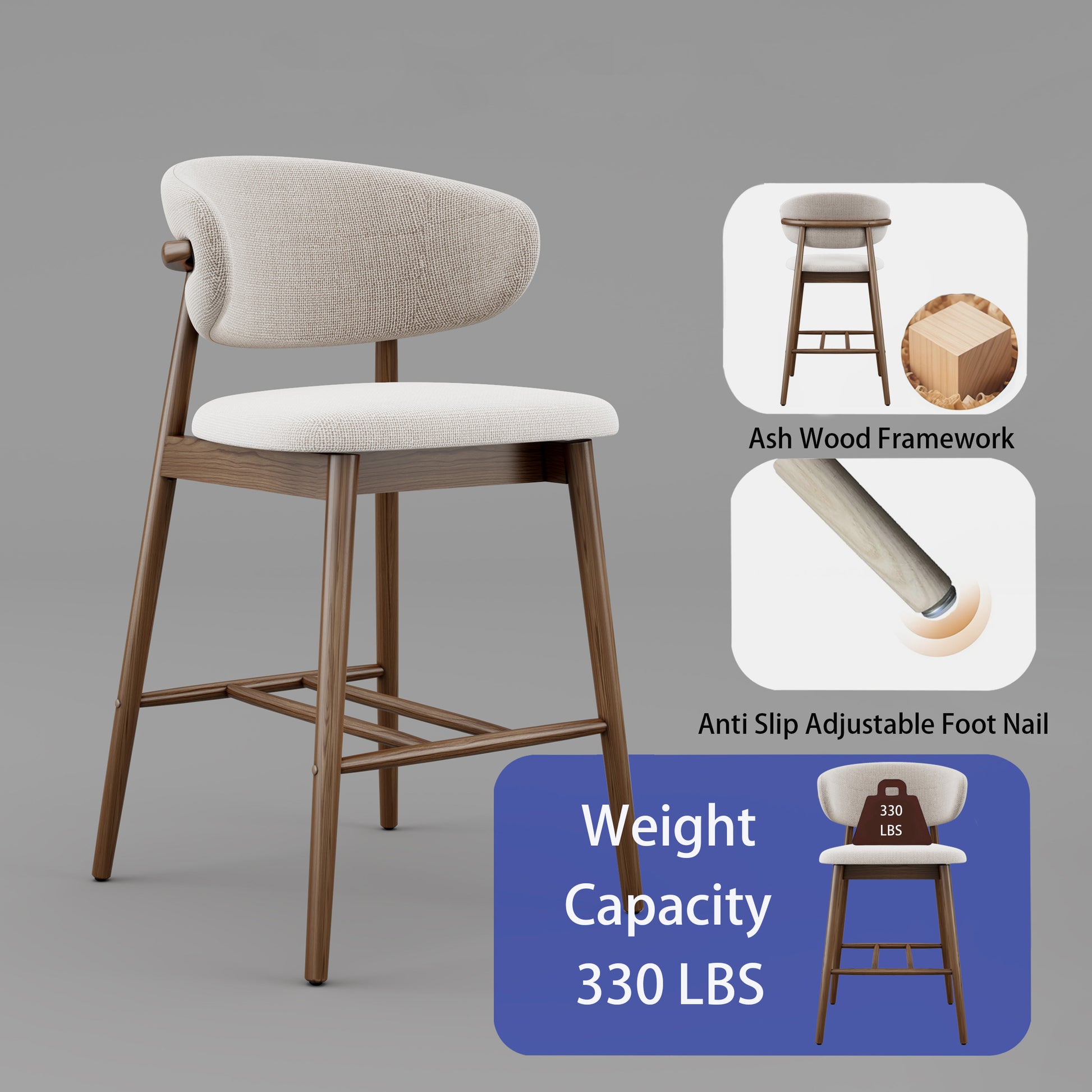 Set of 2 Upgraded Version Modern Ash Wood Counter Height Bar Stools - WALNUT image 4