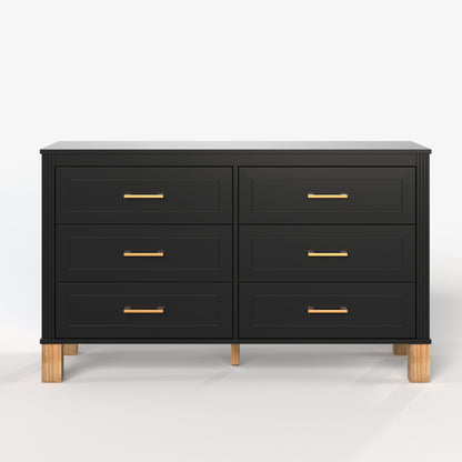 6-Drawer Double Dresser, Modern Storage Cabinet with Metal Handles & Solid Wood Legs, Dresser Drawer Organizer for Kids Bedroom, Heavy-Duty Wooden Dresser with Pre-Installed,Black image 11