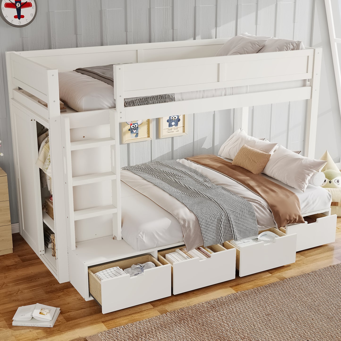 Twin over Twin Bunk Bed with 4 Storage Drawers, Solid Wood Bunk Bed with Built-in Wardrobe and Full-length Guardrails, No Box Spring Needed, Ivory image 4