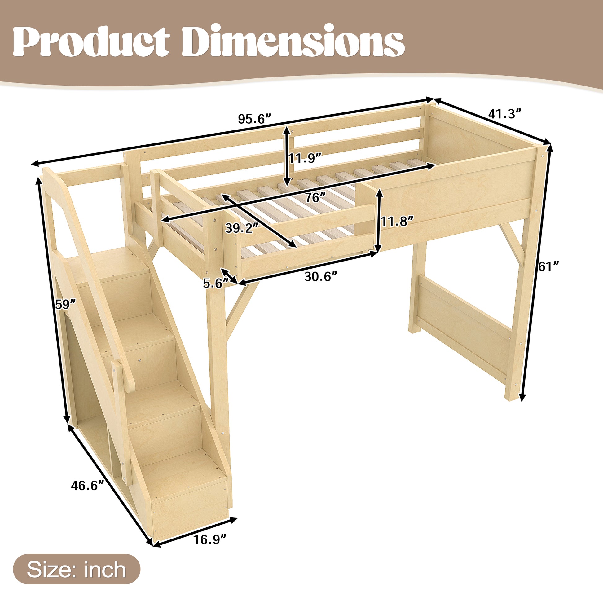 Twin Size Loft Bed with Built-in Wardrobe and Storage Space, Solid Wood Loft Bed with Beside Shelves, Full-length Guardrails and Stairs, No Box Spring Needed, Natural image 4
