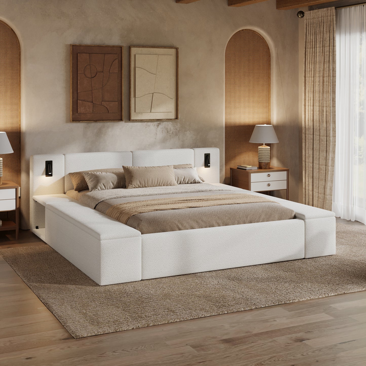 Queen Size Teddy Fleece Upholstered Platform Bed Frame with Massive Hidden Storage, Modern Bouclé Fabric Bed with Built-in Nightstands & LED Reading Lights, Wood Slats, No Box Spring Needed, White image 5