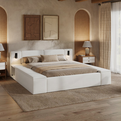 Queen Size Teddy Fleece Upholstered Platform Bed Frame with Massive Hidden Storage, Modern Bouclé Fabric Bed with Built-in Nightstands & LED Reading Lights, Wood Slats, No Box Spring Needed, White image 5